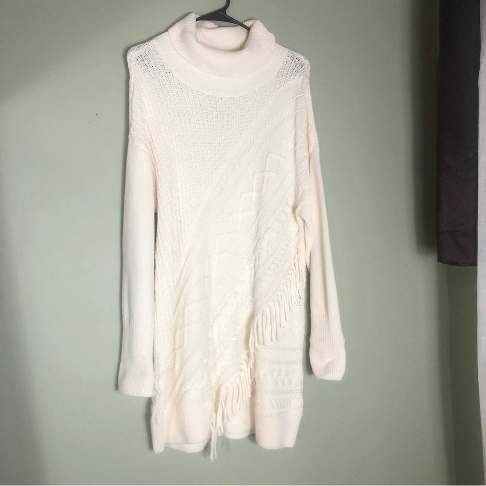 Sz 2 Cream Cable Knit Tunic Sweater Fringe Chico’s
